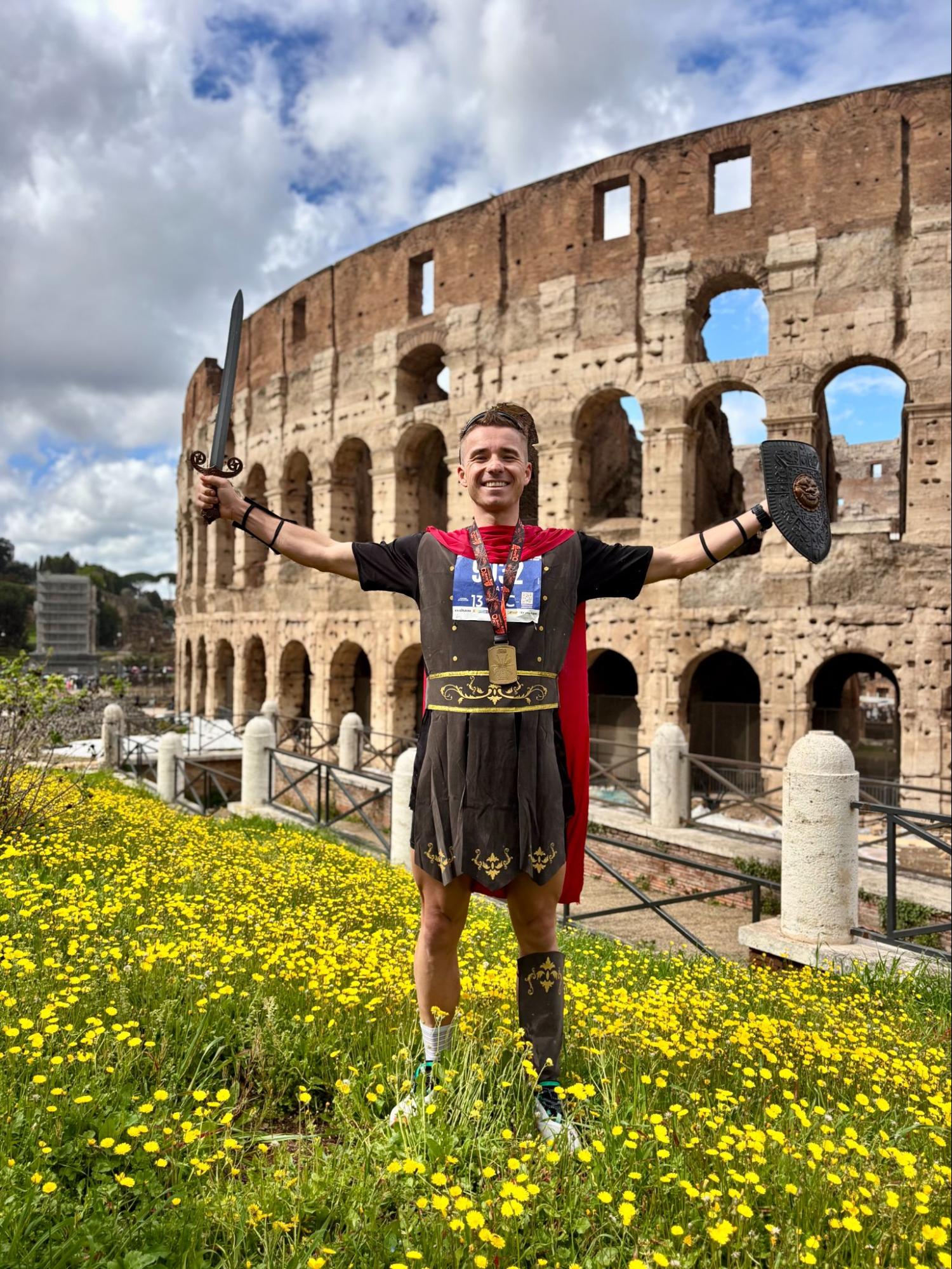 Žiga in gladiator costume celebrating achievement in Rome
